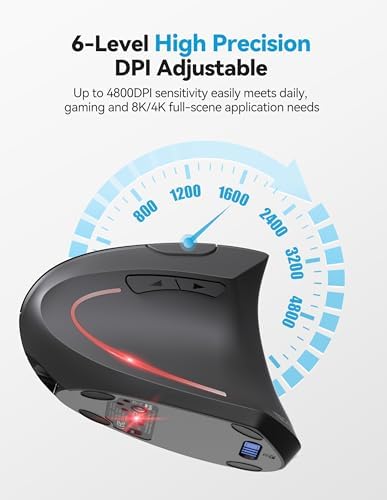 TECKNET Ergonomic Mouse, Rechargeable 2.4G+Bluetooth Vertical Mice 6 DPI Adjustable, Wireless Optical Carpal Tunnel Mouse Right Hand, Multi Device for Laptop, PC, Computer, MacBook, iPad - Grey