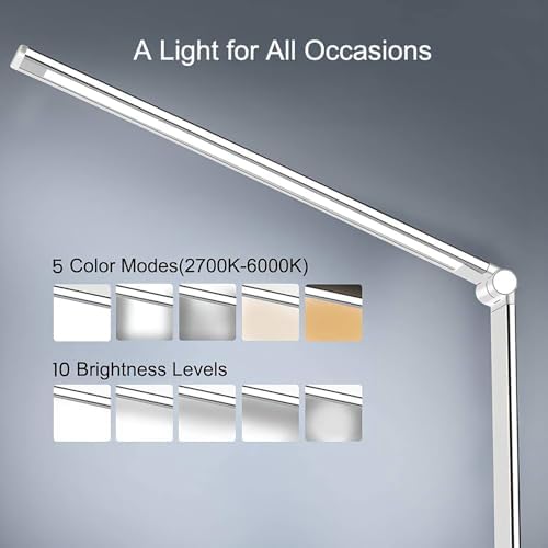 LED Desk Lamp with USB Charging Port, 5 Color Modes, 10 Dimmable Brightness Levels, Eye-Caring Reading Light, Touch Control & 30/60 min Auto Timer, Silver