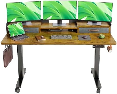 Claiks Standing Desk with Drawers & Wheels, 2 Height Shelf 59" Rustic Brown
