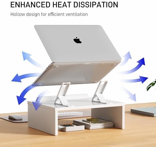 AFOOYO Adjustable Wood Laptop Stand with Storage Space - Notebook Organizer & Ergonomic Computer Riser, Wrist Rest Included, Compatible with 9.8-15'' Laptops (MacBook Air Pro/HP/Dell/Lenovo),White