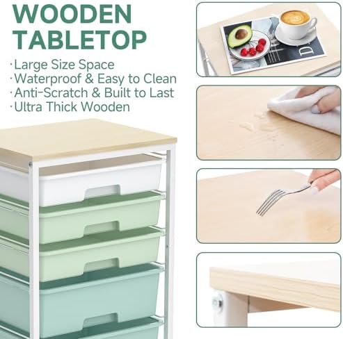 SYKIARIOL Rolling Cart with Drawers,5 Drawers Storage Cart,Light Green
