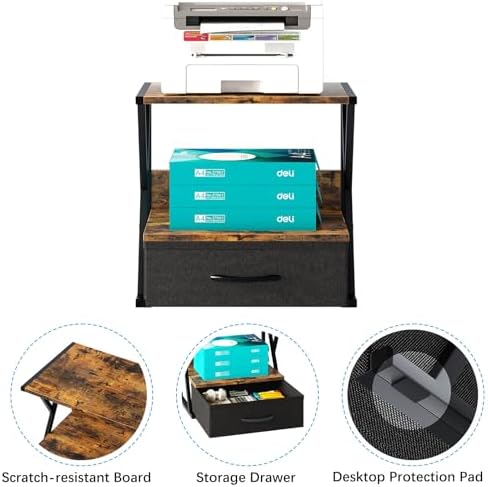 aboxoo Printer Stand for Desk with Storage Drawer, 2 Tier Desktop Or UnderDesk Shelf, Multi-Purpose Desk Organizer for Home Office, fit Fax Machine/3D Printer/Scanner, Rustic Brown