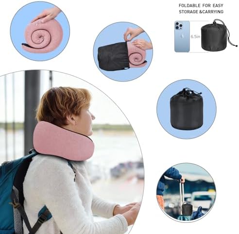 Neck Travel Pillows for Airplanes Memory Foam Neck Comfort Pillow Compact Ergonomic Design Sleeping Essentials for Long Flights Car Rides and Home Use (Pink)