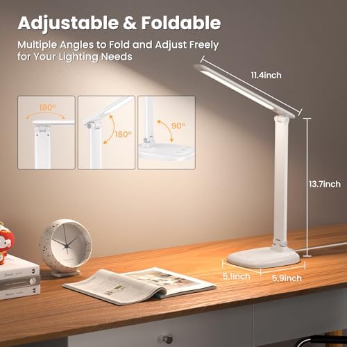 Desk Lamp with Charger, 10%-100% Stepless Dimmable & 5 Color Modes Study Lamp, Touch Control, 30-/60-minute Timer, USB Charging Output Port, CRI≥90, Eye-Caring Foldable LED Desk Lamps for Home Office