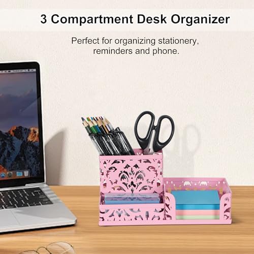 EasyPAG Desk Organizer 3 Compartment Pen Holder for Desk Office Supplies Caddy with Sticky Notes Holder for School Home, Pink