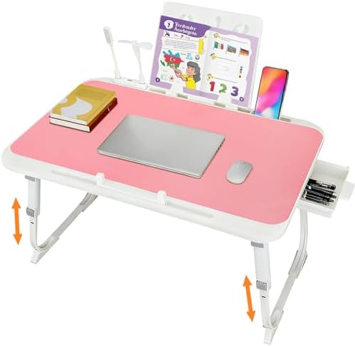Laptop Desk for Bed, Adjustable Height Laptop Bed Table, Foldable Lap Desk with USB Charge Port, Desktop Card Slot, Side Drawer, Book Shelf, Portable Lap Tray for Eating Reading Working Sofa & Floor