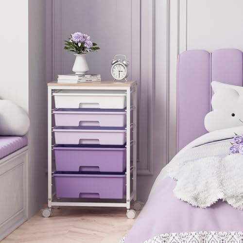 SYKIARIOL Utility Cart with 5 Drawers with Wooden Top,Purple