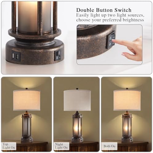 AIEAMPDO 25" Farmhouse Lamps for Living Room with 2 USB C+A Ports