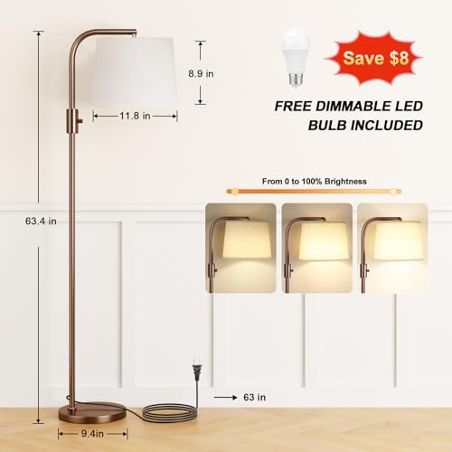 Ambimall Fully Dimmable Floor Lamp with 9W LED Bulb, Standing Lamp for Living Room with Adjustable Head, Modern Tall Light with Rotary Switch for Office, Brown and Beige