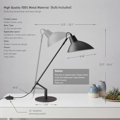 Desk Lamp Modern Industrial 100% Metal Adjustable Table Lamp 24", Natural Light (4000K) with Dimmer, Ideal for Office Bedroom Study Room Living Room Nightstand Bedside Lamps Sand Black