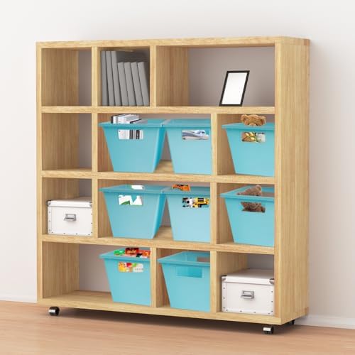 KOOMADE 4PC Plastic Stackable Storage Basket - Large Basket Organizer with Handle for Kitchen ,Offices ,Shelving, Pantry,Cabinet and Bathrooms Open Storage Bin for Space Optimization Portability-Blue