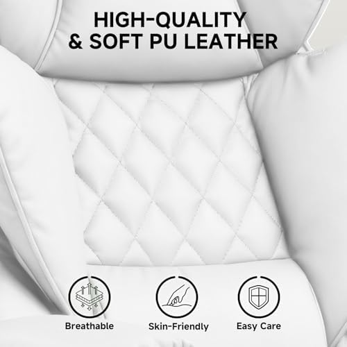 COMHOMA Big and Tall Gaming Chair with Pocket Spring Lumbar Support, Ergonomic Office Chair with Footrest, Executive Desk Chair with Outward Fixed Soft Armrests, Computer Chair with High Back, White