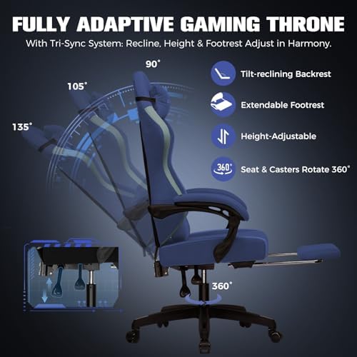 GTPLAYER Gaming Chair, Ergonomic Computer Chair with Footrest and Lumbar Support, High Back Recliner Chair 350lbs, Height Adjustable for Home Office, Deep Blue