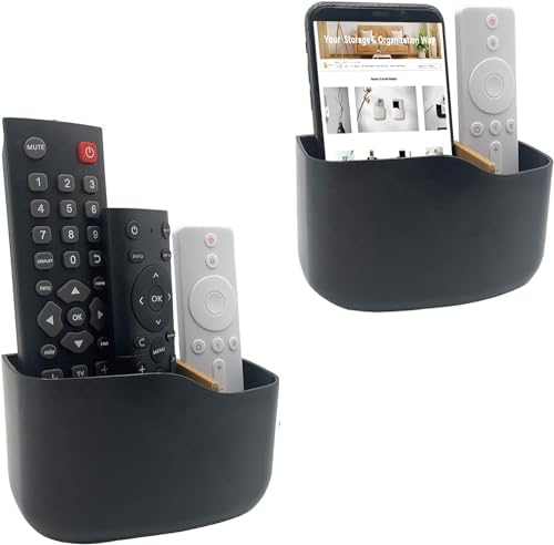 SUNFICON Wall Mount Remote Holder TV FAN Remote Control Holder Bedside Caddy Wall Organizer Phone Holder for Office Adhesive Media Player Controller Holder Box Tray Home Desk Nightstand 2 PACK BLACK