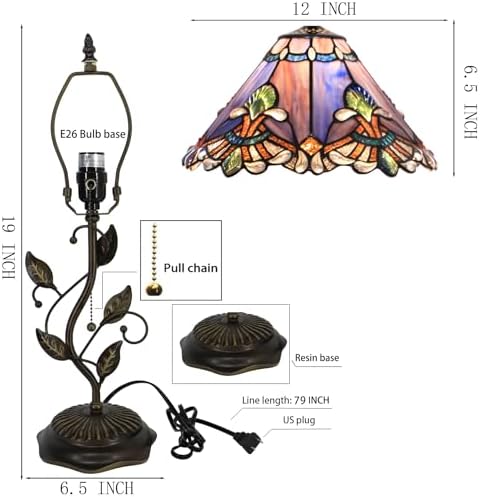 Tiffany Table Lamp Stained Glass Bedside Reading Light W12H19 inch