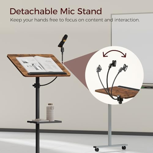 MAHANCRIS Podium Stand with Microphone Stand, Mobile Lectern and Laptop Desk with Storage Tray, 28.9-42.7 Inch Adjustable Height Portable Podium for Classroom, Conference Room, Rustic Brown LPHR4001