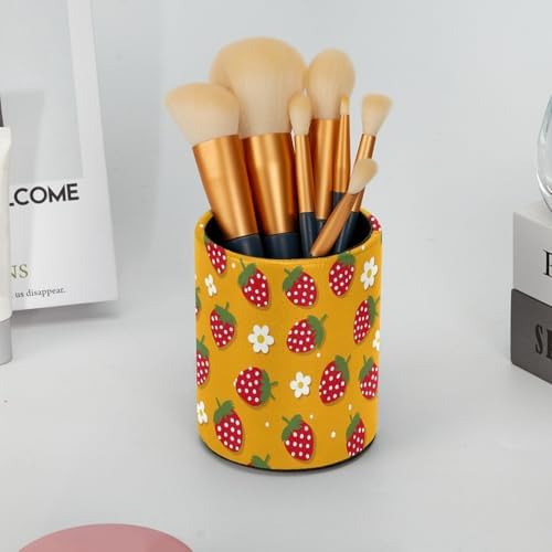 Strawberry Daisies Pen Holder Pencil Organizer Cute Pencil Cup Desk Decor Makeup Brush Holder PU Multifunctional Office Supplies for Home Classroom School