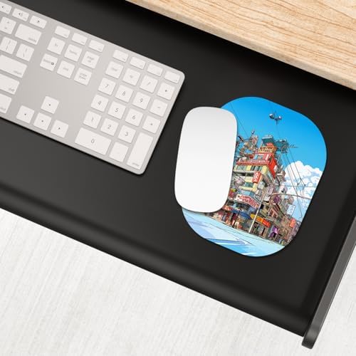 Small Mouse Pad, 6 x 7 Inch, Oval Mini Mouse Pad with Non-Slip Rubber Base for Laptop Wireless Mouse Keyboard Tray Mousepad, Streetscape