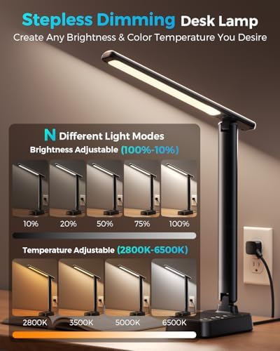 LED Desk Lamp with Power Strip, 3 AC Outlets, 4 USB Ports, Stepless Dimming