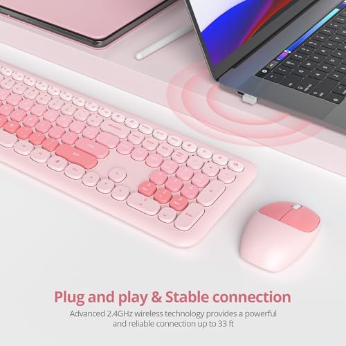 Surmen Cute Pink Keyboard and Mouse Wireless Silent, Full-Size Retro Typewriter Wireless Quiet Slim Keyboard Low-Noise 2.4GHz for Computer, Desktop, Laptop(6-Diary Pink)