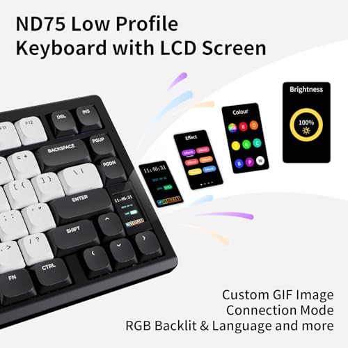 OOCTPK Mechanical Keyboard, Chilkey ND75 LP Wireless Gaming Keyboard with LCD Screen, Bluetooth 5.3/2.4G/USB-C, Hot Swappable Per-Key RGB Custom, Thin Front, Wrist Rest, Full-Aluminum, PC/Mac Support