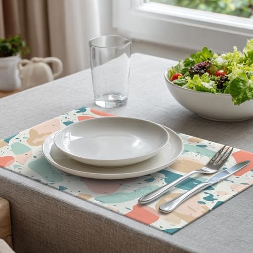 Batmerry Terrazzo Inspired Abstract Linen Placemats Set of 6, Pastel Geometric Shapes Washable Table Mats for Kitchen Table Thickened Heat Insulation Dining Set Indoor Outdoor 12X18 in