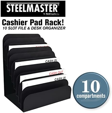 BankSupplies STEELMASTER Steel Cashier Pad Rack 10 Slot Desktop File and Paper Organizer Black Powder-Coated Finish