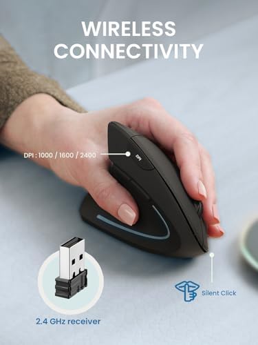 Perixx PERIMICE-713LRX - Left Handed Cordless Rechargeable Vertical Mouse - Duo Wired and Wireless Charging Feature - Charger Included - Black