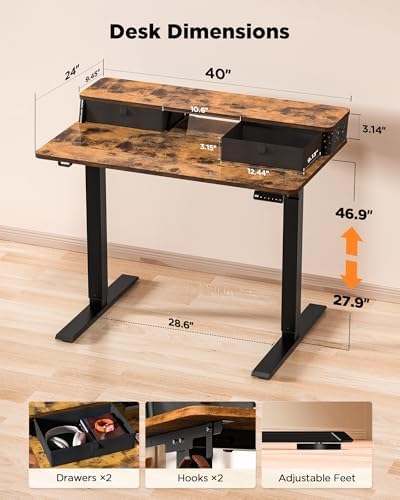 FiCiHi 40x24 Inch Electric Standing Desk, 2 Drawers, Adjustable Height Desk