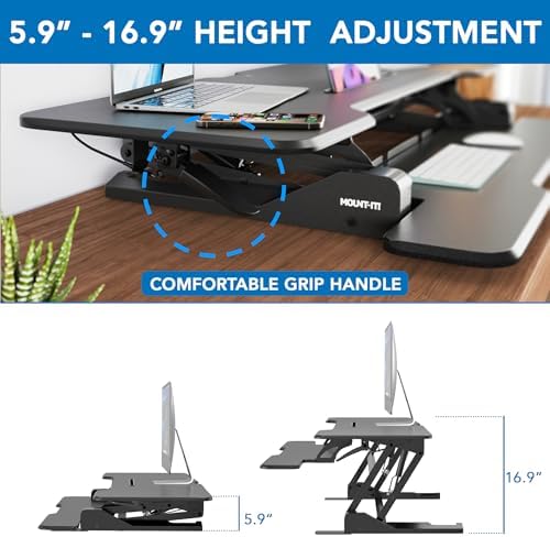 Mount-It! 47" Standing Desk Converter, XL Desktop Sit-Stand Desk Riser with Gas Spring Height Adjustment, Wide Desk Topper for Dual Monitors or Monitor & Laptop, Keyboard Tray, Black