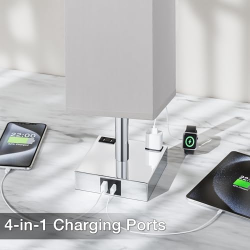 Set of 2 Grey Touch Table Lamp for Bedroom, Dimmable, USB C+A, 2 AC Outlets