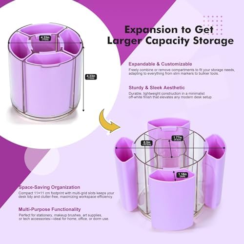 Comix 360° Rotating Pen Holder for Desk, Purple Pencil Holder with 5 Slots