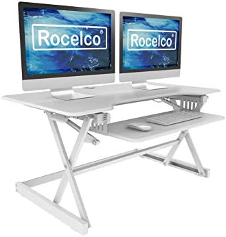 Rocelco 40" Large Height Adjustable Standing Desk Converter - Quick Sit Stand Up Dual Monitor Riser - Gas Spring Assist Computer Workstation - Retractable Keyboard Tray - White (R DADRW-40)