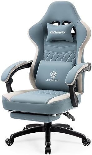 Dowinx Gaming Chair Breathable Fabric Game Chair with Gel Pad and Storage Bag, Comfortable Gamer Chair with Pocket Spring Cushion, Ergonomic Computer Chair with Footrest, Blue