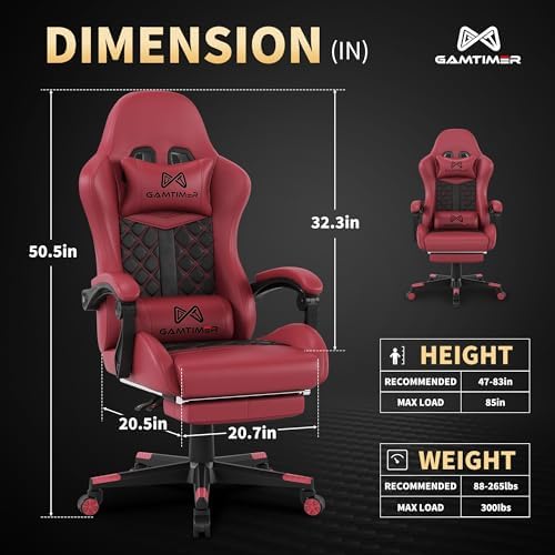 Gaming Chair,Computer Chair with Footrest and Lumbar Support,Breathable PU Leather,4D Lumbar Support and Headrest,360 Degree Swivel Chair with Adjustable Ergonomic Backrest for Adults(RED)