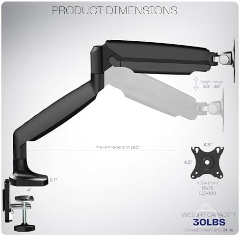 VIVO Premium Aluminum Heavy Duty Single Monitor Arm for Ultrawide Monitor up to 40 inches and 30 lbs, Desk Mount Stand, Pneumatic Height, Max VESA 100x100, Black, STAND-V110Q