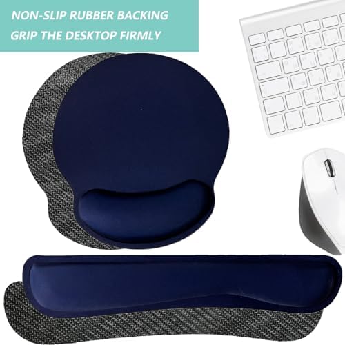 Keyboard Wrist Rest Pad Mouse Pad with Wrist Support Set of 3, Mousepad with Non-Slip Rubber Base, Ergonomic Memory Foam Mouse Wrist Cushion Support for Home Office Laptop Computer Gaming, Navy Blue