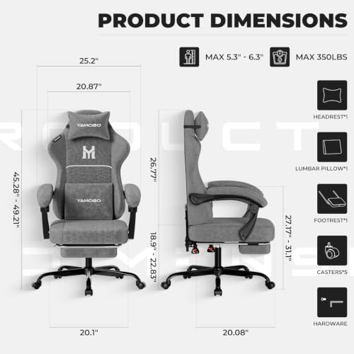 Gaming Chair with Footrest, Ergonomic Computer Chair with Lumbar & Headrest Support for Adults, High Back Office Desk Chair with 360°Swivel Wheels for Game and Work, Breathable Fabric，Grey