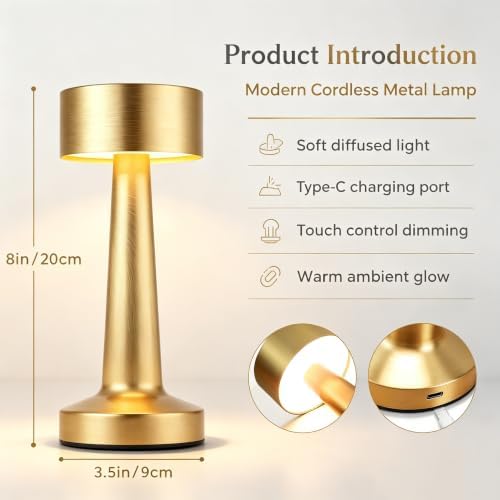 HPUFKOT Portable LED Table Lamp, 3-Levels Brightness Metal Desk Lamp,3 Color Touch Control RechargeableLamp, Ideal Bedside Lamp for Nightstand, Bedroom,Living Room (Light Golden)