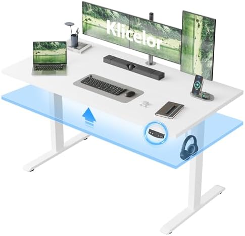 Klicelor 55 Inch Large Electric Standing Desk, Height Adjustable Office Desk, Sit Stand Up Computer Gaming Desk with Memory Preset, Two-Piece Desktop, White