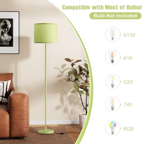 Ambimall 60'' Modern Floor Lamp with Shade, Tall Lamps for Living Room, Bedroom, Office, Dining Room, Light Green Lampshade(Without Bulb)