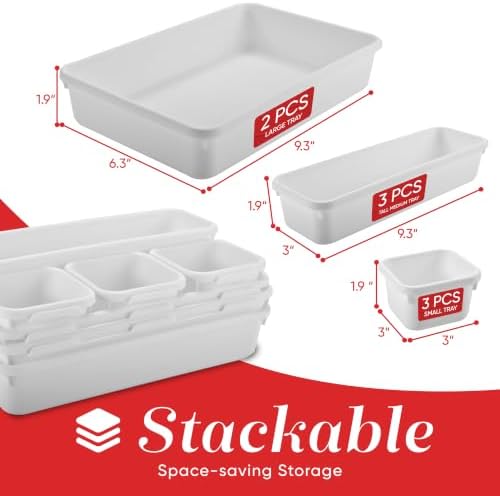 Masirs Interlocking Drawer Organizer Bins - Durable Plastic, Various Sizes for Custom Layout Design. Great for Desk Drawer, Tool Box or Garage Organization. (White | 8-Piece Set)