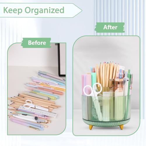 SKYDUE Rotating Pencil Pen Holder, Pen Organizer with 5 Slots - Aesthetic Desk Organizer and Accessories for School, Home, Office Supplies, Clear Green