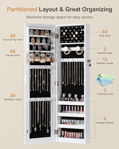 Nicetree Jewelry Cabinet Armoire, Hanging Jewelry Organizers and Storage, Lockable Jewelry Cabinet with Full-Length Mirror, Wall or Door Mount Jewelry Mirror Cabinet, Shelves, Polishing Cloth