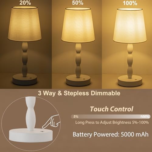 CASTLELIFE Rechargeable Cordless Table Lamp, 5000mAh Battery Powered Touch Desk Lamp, 3-Level & Stepless Dimmable Night Light, Portable Bedside Lamp for Bedroom, Outdoor, Bulb Included, White