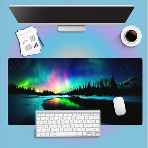 Aurora Borealis Large Mouse Pad, Snowy Mountain Calm Glacier Desk Mat