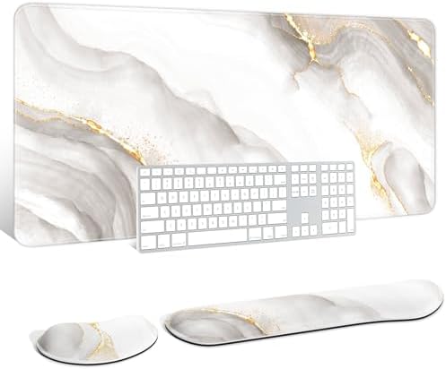 Auhoahsil Large Mouse Pad with Wrist Rests for Keyboard & Mouse, Thick Soft Ergonomic Memory Foam Wrist Supports, Big & Long Desk Mat 35.5 x 15.7 in, for Office Gaming Computer, White Gold Marble