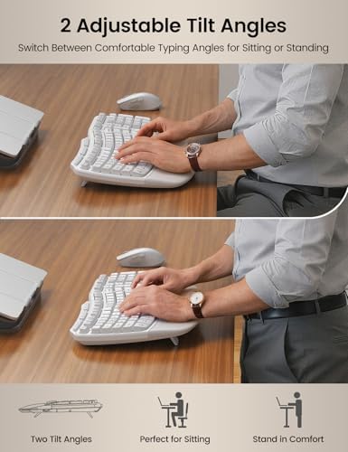 White Ergonomic Wireless Keyboard and Mouse Combo, 2.4G Full Size Ergo Wave Key Board with Cushioned Plam Rest, Natural Typing, 3 DPI Adjustable Silent Mouse for Computer/Laptop/Windows/Mac - Sablute