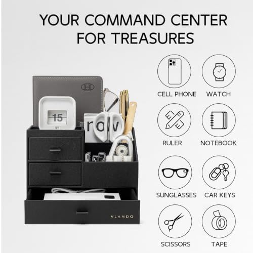 VLANDO Desk Organizer,PU Leather Office Storage with Compartments,Black