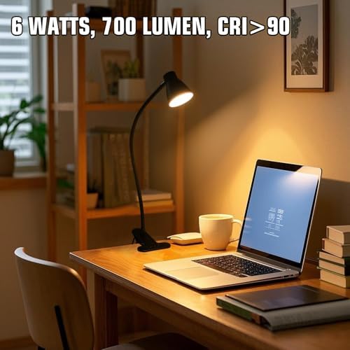 2 Pack Clip Desk Lamp, Ultra-Flexible Gooseneck Clip Reading Lights, 3000K-6500K Adjustable Color Temperature & Brightness, 6W Eye-Care LED for Office, Study, Bedside(USB Adapter Included)